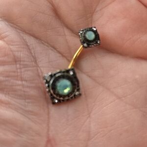 Gold Tone Navel Ring with Green Opal Gemstone